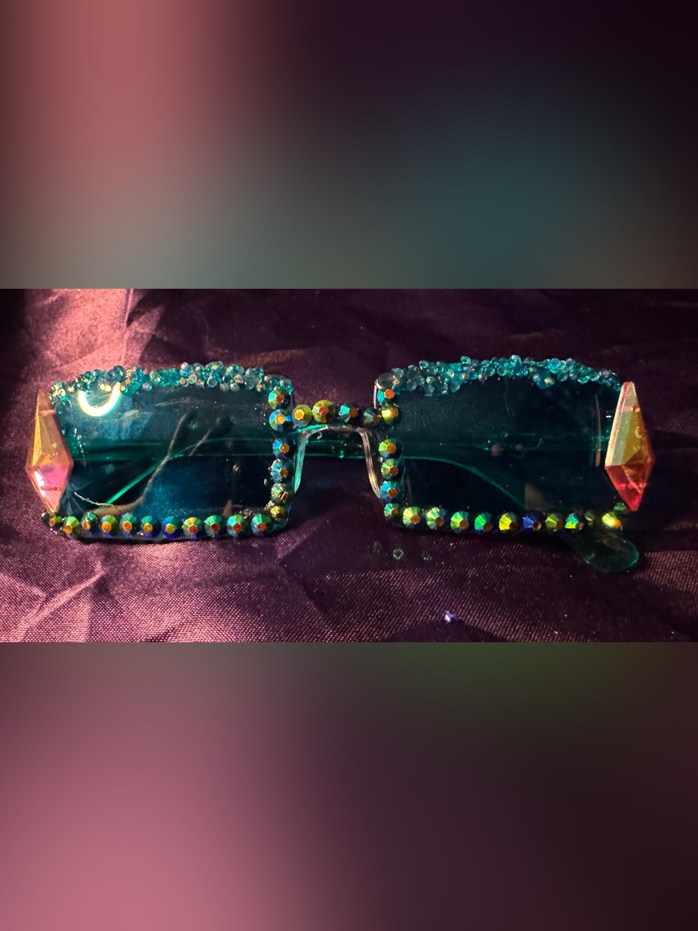 Teal Embellished Rhinestone rectangle Sunglasses